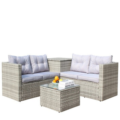 4 Piece Patio Sectional Wicker Rattan Outdoor Furniture Sofa Set With Storage Box Grey - GM Traders