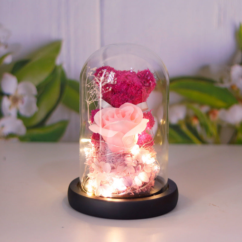 Eternal Preserved Rose Teddy Bear Gift Box with LED Lights - Valentine's Day & Home Decor