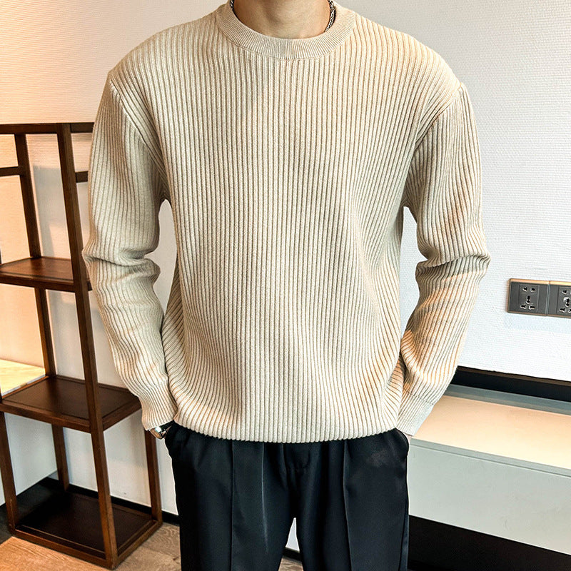 Men’s Thick Ribbed Round Neck Sweater – Autumn & Winter Warm Knitted Casual Pullover