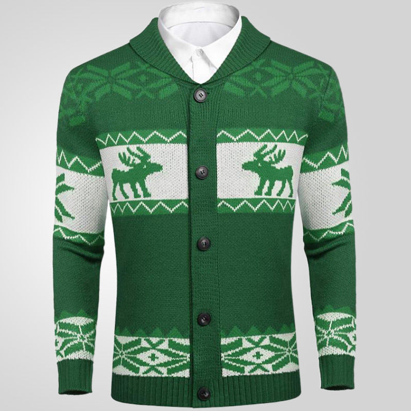 Men’s Christmas Jacquard Button Cardigan Sweater Coat – Holiday Knitwear