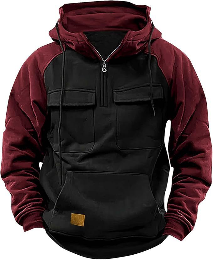 Fall Winter Retro Cargo Half-Zip Hoodie for Men – Thick Fleece Multi-Pocket Outdoor Jacket | Dubai UK USA
