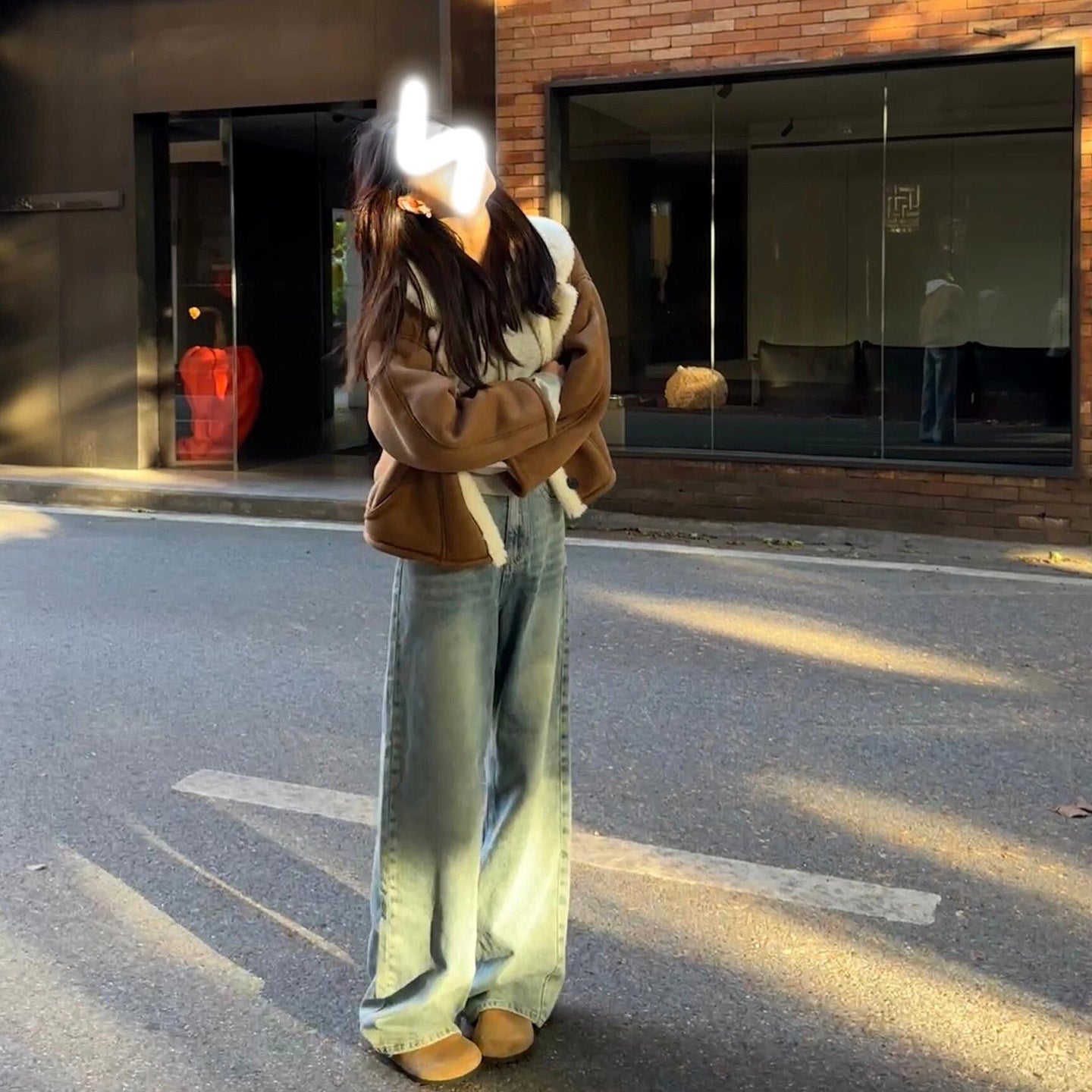 Mid-Length Loose Cotton Coat with Large Fur Collar – Apricot Geometric (S–2XL) | Winter