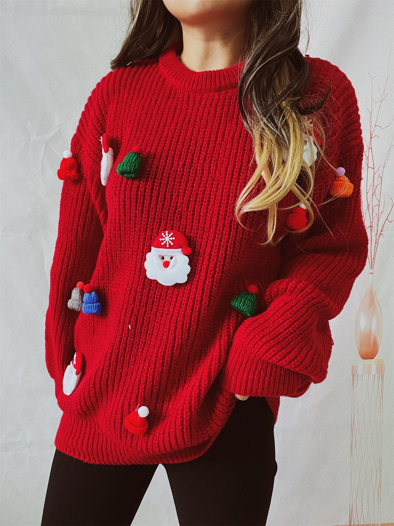 Women’s Cute Santa Claus 3D Decoration Round Neck Long Sleeve Sweater – Christmas Holiday Knitwear