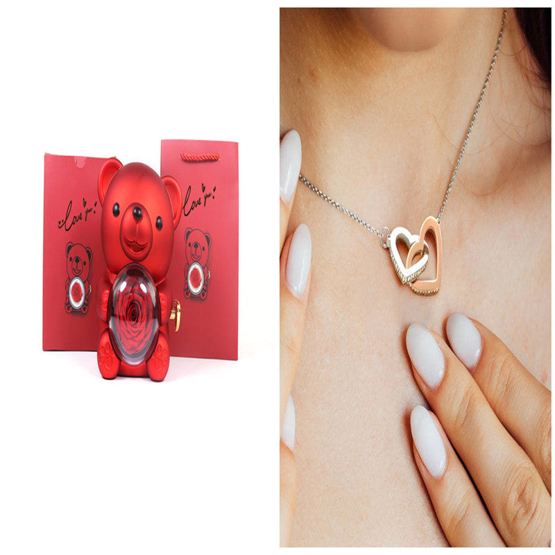 Eternal Rose Teddy Bear Gift Box with Necklace & Rotate Jewelry Case - Valentine's & Wedding Gift for Her