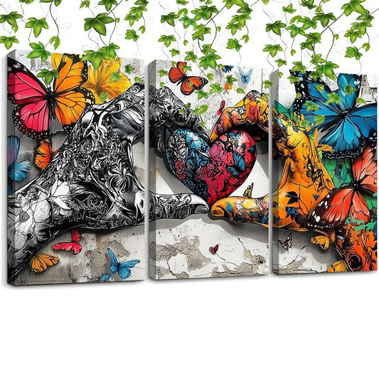 3-Piece Graffiti Love Heart Canvas – Framed Wall Art for Living & Dining Room