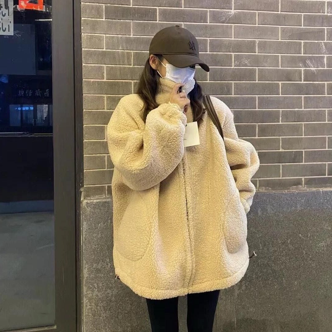Thickened Particle Lamb Fleece Coat for Women – Beige & Brown Regular Fit (S–2XL) | Winter