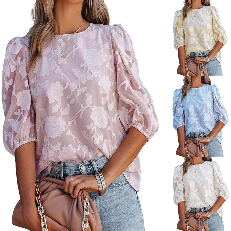 Women’s Puff Sleeve Chiffon Loose Top – Sweet Floral Embossed Shirt for Street & Casual Fashion