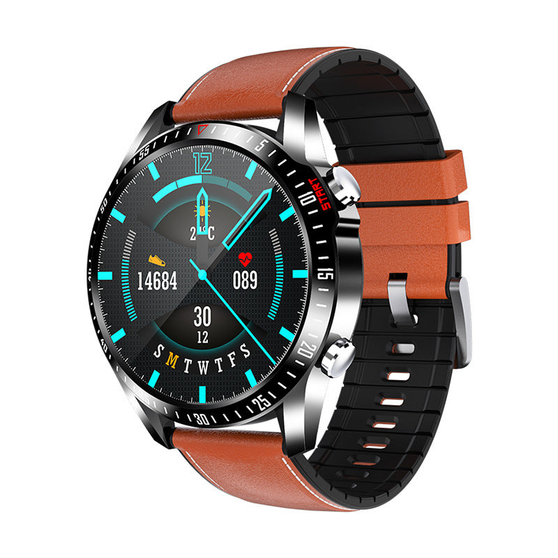 Samsung Galaxy Watch 46mm with brown leather strap, black rubber band, temperature measurement sleep reminder