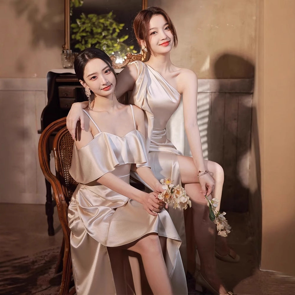 Simple & Light Luxury Satin Sisters Group Party Formal Dress – Champagne (S–XXL)