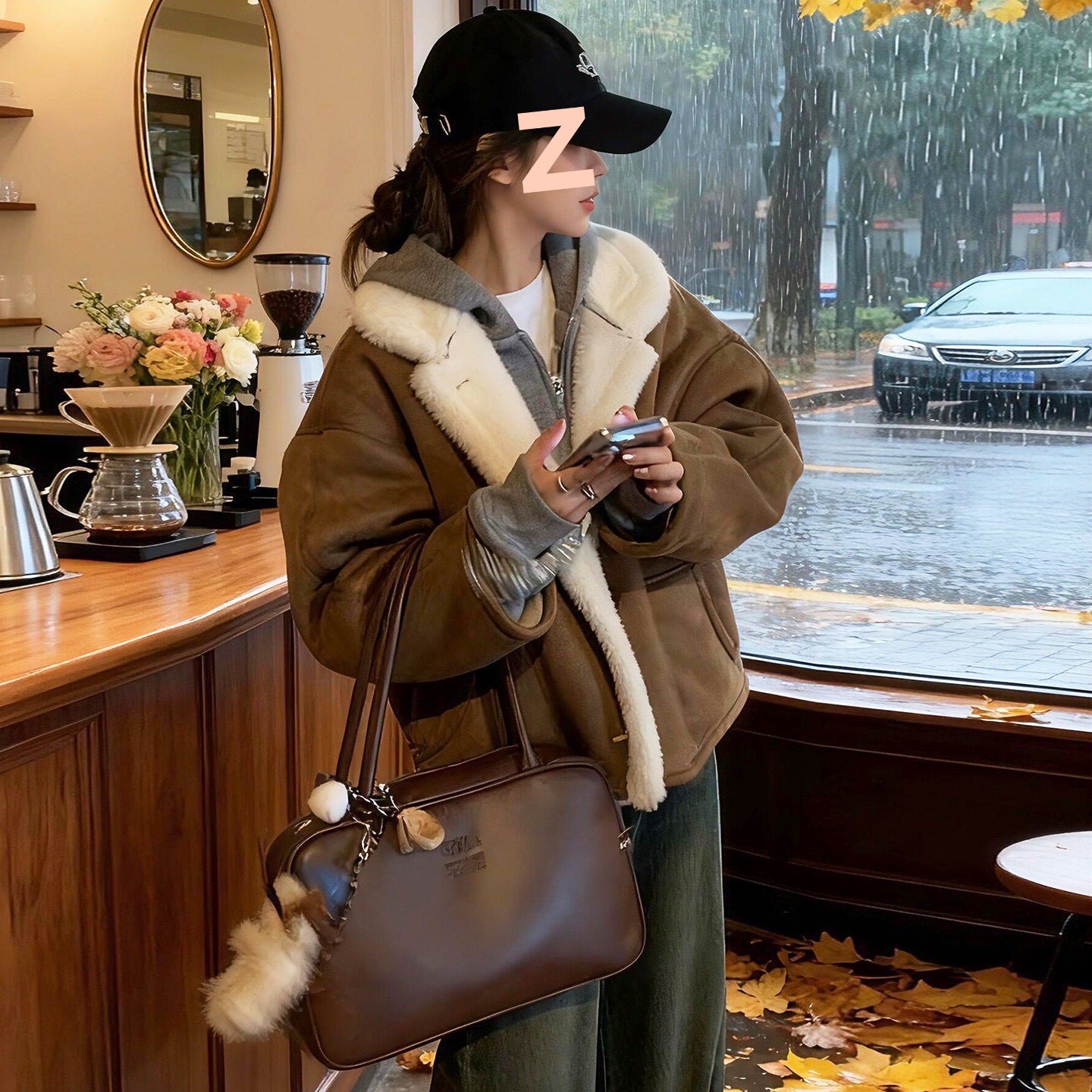 Mid-Length Loose Cotton Coat with Large Fur Collar – Apricot Geometric (S–2XL) | Winter