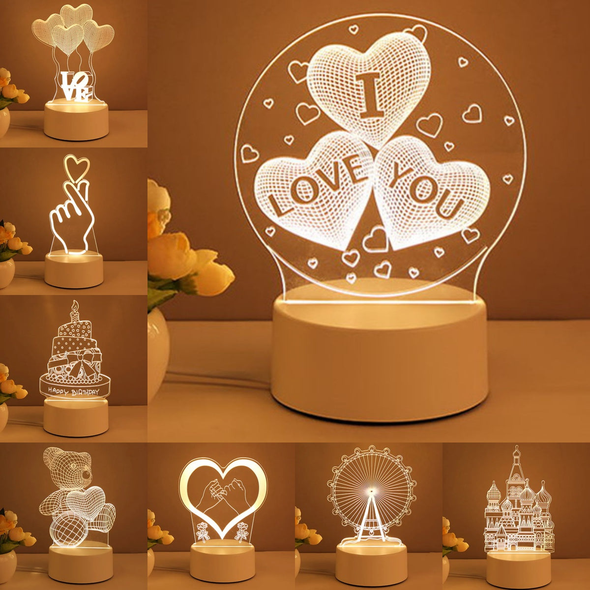 3D Illusion Acrylic USB LED Night Light Lamp - Xmas Home Decor & Valentine's Day Gift