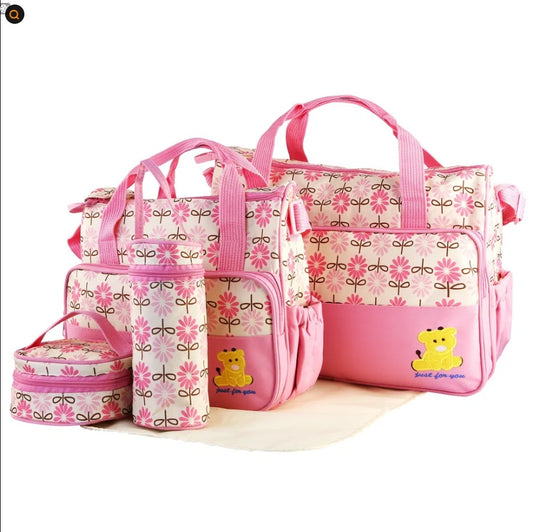 5PCS Baby Nappy Diaper Bags Set Mummy Diaper Shoulder Bags W Nappy Changing Pad Insulated Pockets Travel Tote Bags - GM Traders