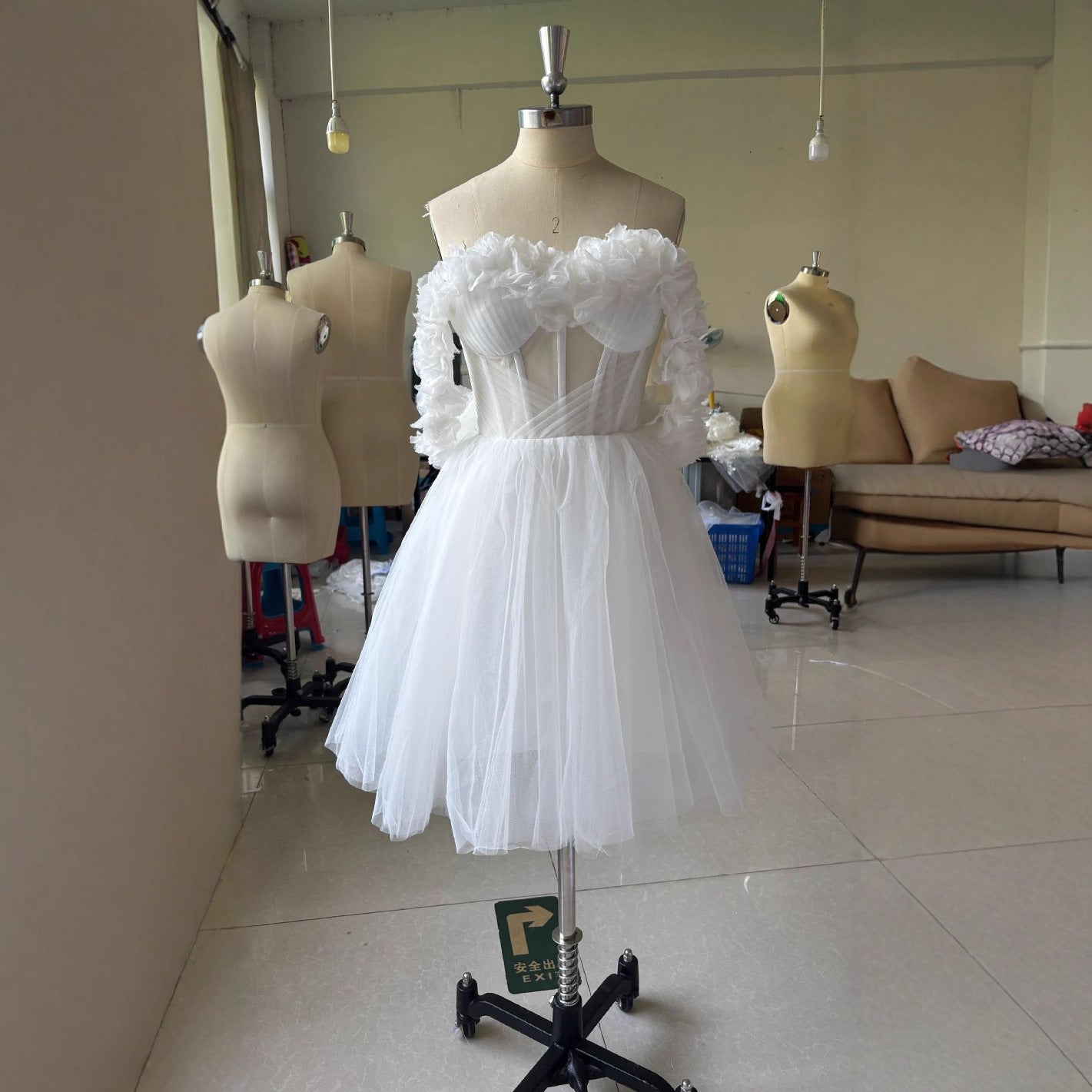 Ivory Lace Off-Shoulder Mini Wedding Dress | Short Sleeve-less Elegant Bridal Gown