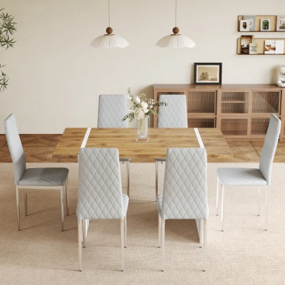 Table And Chair Set.Natural Wood Grain MDF Dining Table  55x31.5 Inch.Paired With 6 Modern Style Dining Chairs In Light Gray, Essential For Minimalist Homes.Blending Into Various Home Environments. - GM Traders