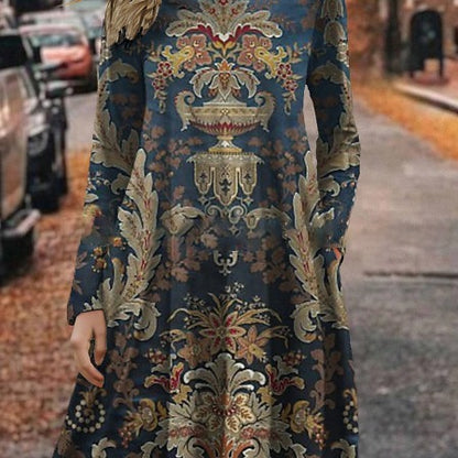 European And American Summer 3D Printing Dress Floral Round Neck Long Sleeve