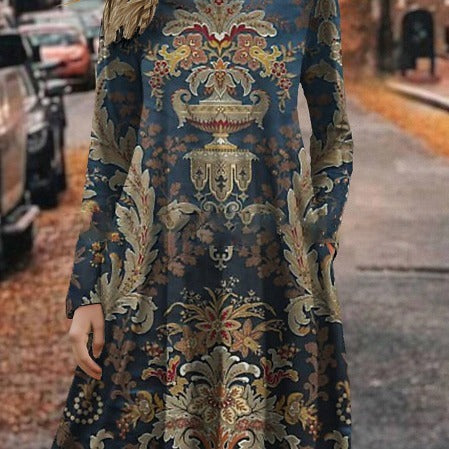 European And American Summer 3D Printing Dress Floral Round Neck Long Sleeve