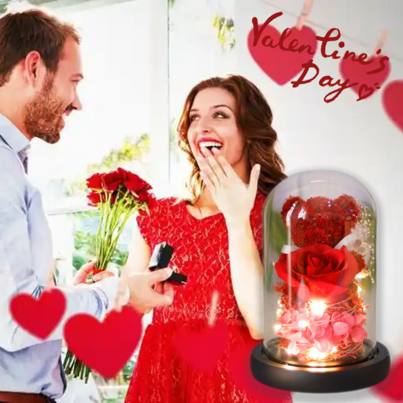 Eternal Preserved Rose Teddy Bear Gift Box with LED Lights - Valentine's Day & Home Decor