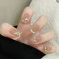 24Pcs Glitter Diamond Press On Nails Blush Pink Cat Eye Fake Nails Sweet Cute Coffin Full Cover Short Square False Nail Tips Art