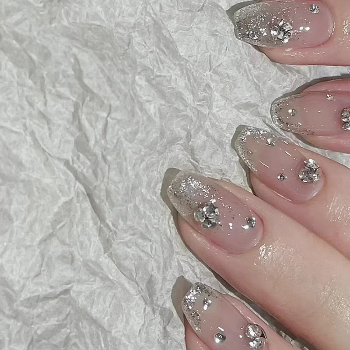 24Pcs Glitter Diamond Press On Nails Blush Pink Cat Eye Fake Nails Sweet Cute Coffin Full Cover Short Square False Nail Tips Art