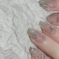 24Pcs Glitter Diamond Press On Nails Blush Pink Cat Eye Fake Nails Sweet Cute Coffin Full Cover Short Square False Nail Tips Art