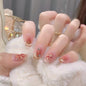 24Pcs Glitter Diamond Press On Nails Blush Pink Cat Eye Fake Nails Sweet Cute Coffin Full Cover Short Square False Nail Tips Art