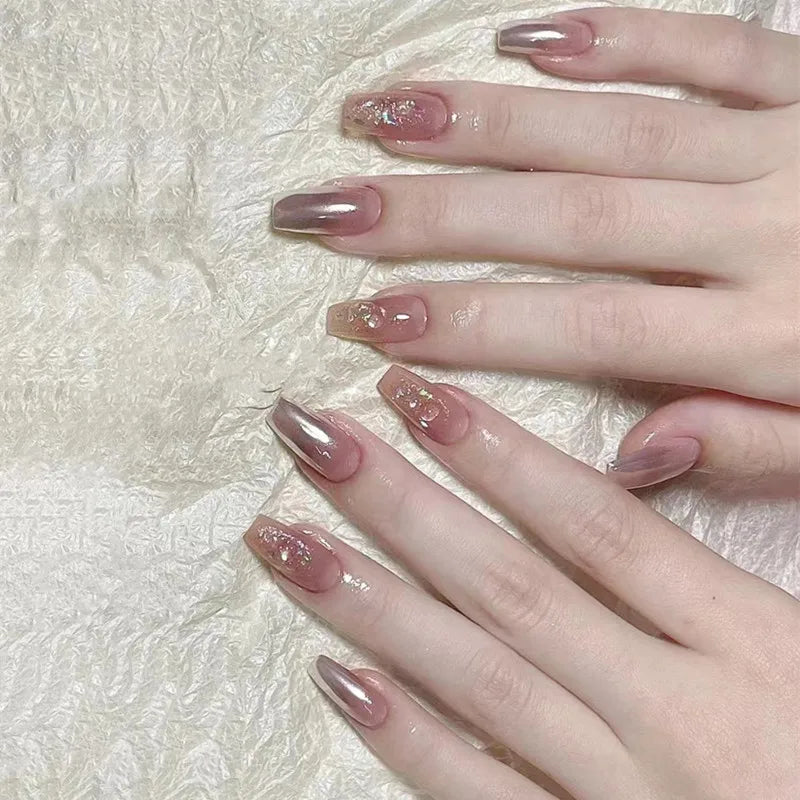 24Pcs Glitter Diamond Press On Nails Blush Pink Cat Eye Fake Nails Sweet Cute Coffin Full Cover Short Square False Nail Tips Art