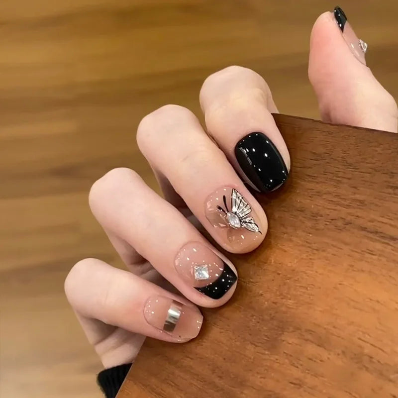 24Pcs Glitter Diamond Press On Nails Blush Pink Cat Eye Fake Nails Sweet Cute Coffin Full Cover Short Square False Nail Tips Art