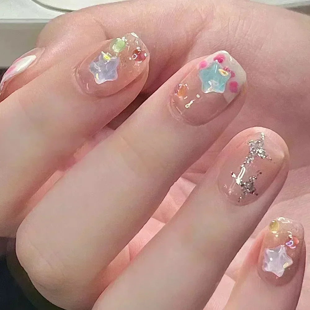 24Pcs Glitter Diamond Press On Nails Blush Pink Cat Eye Fake Nails Sweet Cute Coffin Full Cover Short Square False Nail Tips Art