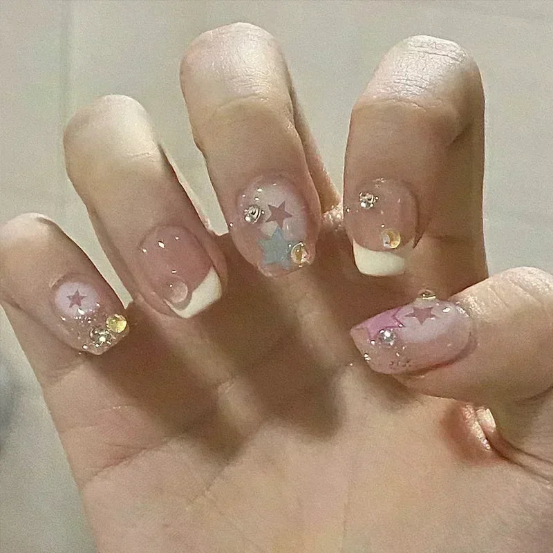 24Pcs Glitter Diamond Press On Nails Blush Pink Cat Eye Fake Nails Sweet Cute Coffin Full Cover Short Square False Nail Tips Art