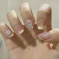 24Pcs Glitter Diamond Press On Nails Blush Pink Cat Eye Fake Nails Sweet Cute Coffin Full Cover Short Square False Nail Tips Art