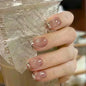 24Pcs Glitter Diamond Press On Nails Blush Pink Cat Eye Fake Nails Sweet Cute Coffin Full Cover Short Square False Nail Tips Art