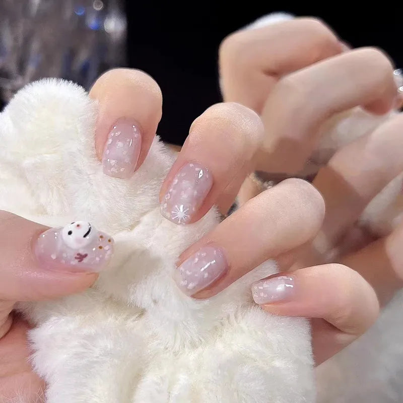 24Pcs Glitter Diamond Press On Nails Blush Pink Cat Eye Fake Nails Sweet Cute Coffin Full Cover Short Square False Nail Tips Art