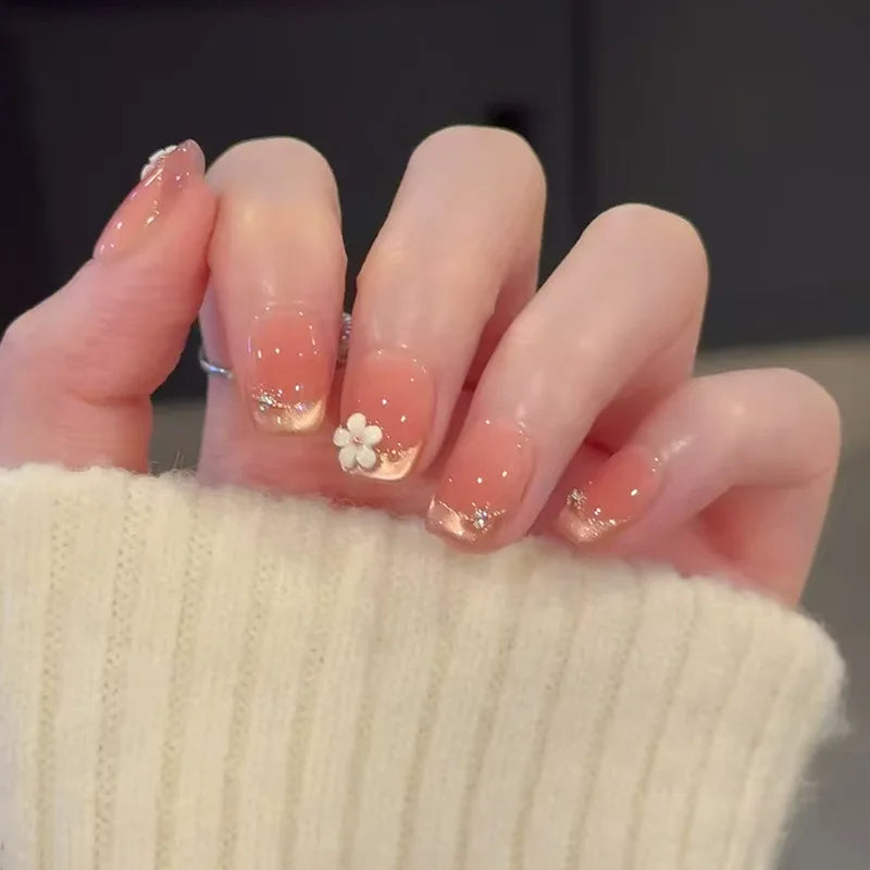 24Pcs Glitter Diamond Press On Nails Blush Pink Cat Eye Fake Nails Sweet Cute Coffin Full Cover Short Square False Nail Tips Art
