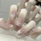24Pcs Glitter Diamond Press On Nails Blush Pink Cat Eye Fake Nails Sweet Cute Coffin Full Cover Short Square False Nail Tips Art