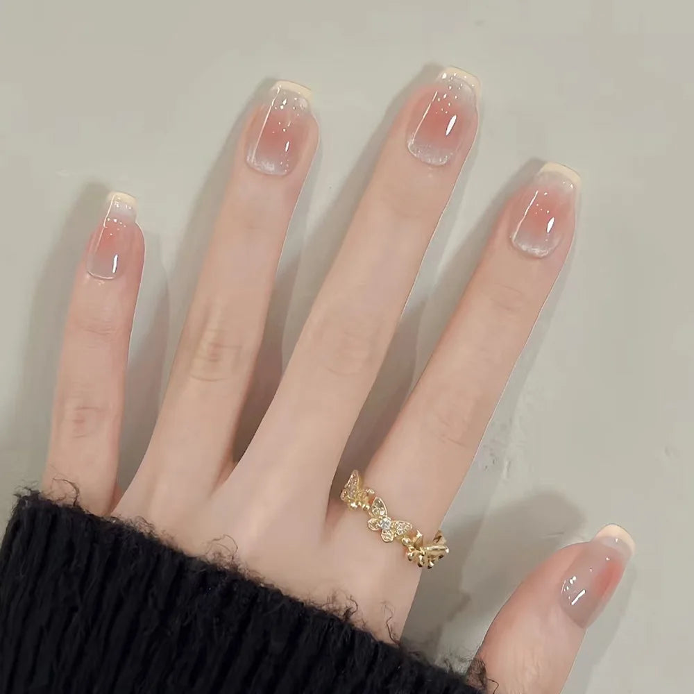 24Pcs Glitter Diamond Press On Nails Blush Pink Cat Eye Fake Nails Sweet Cute Coffin Full Cover Short Square False Nail Tips Art
