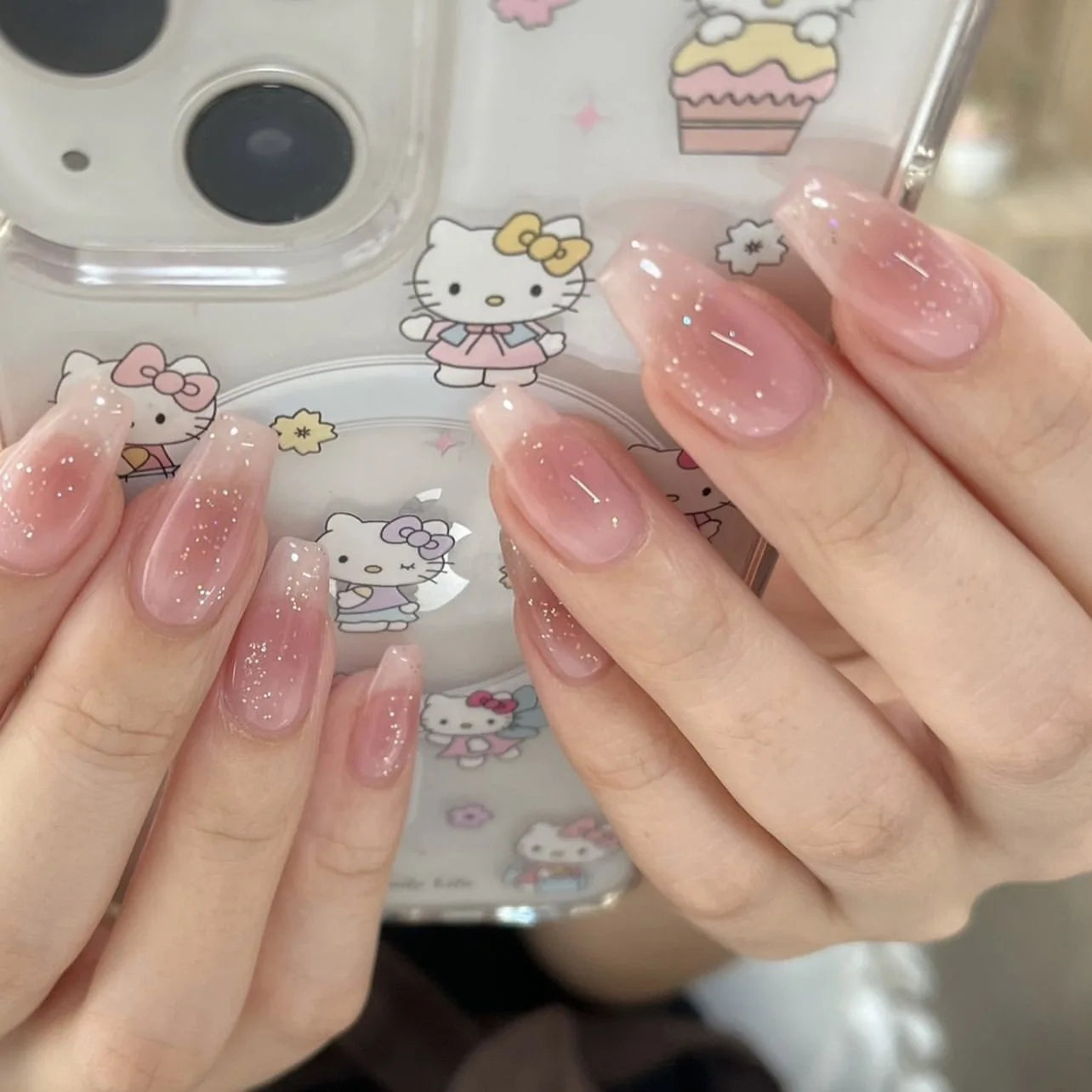 24Pcs Glitter Diamond Press On Nails Blush Pink Cat Eye Fake Nails Sweet Cute Coffin Full Cover Short Square False Nail Tips Art