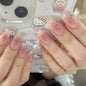 24Pcs Glitter Diamond Press On Nails Blush Pink Cat Eye Fake Nails Sweet Cute Coffin Full Cover Short Square False Nail Tips Art
