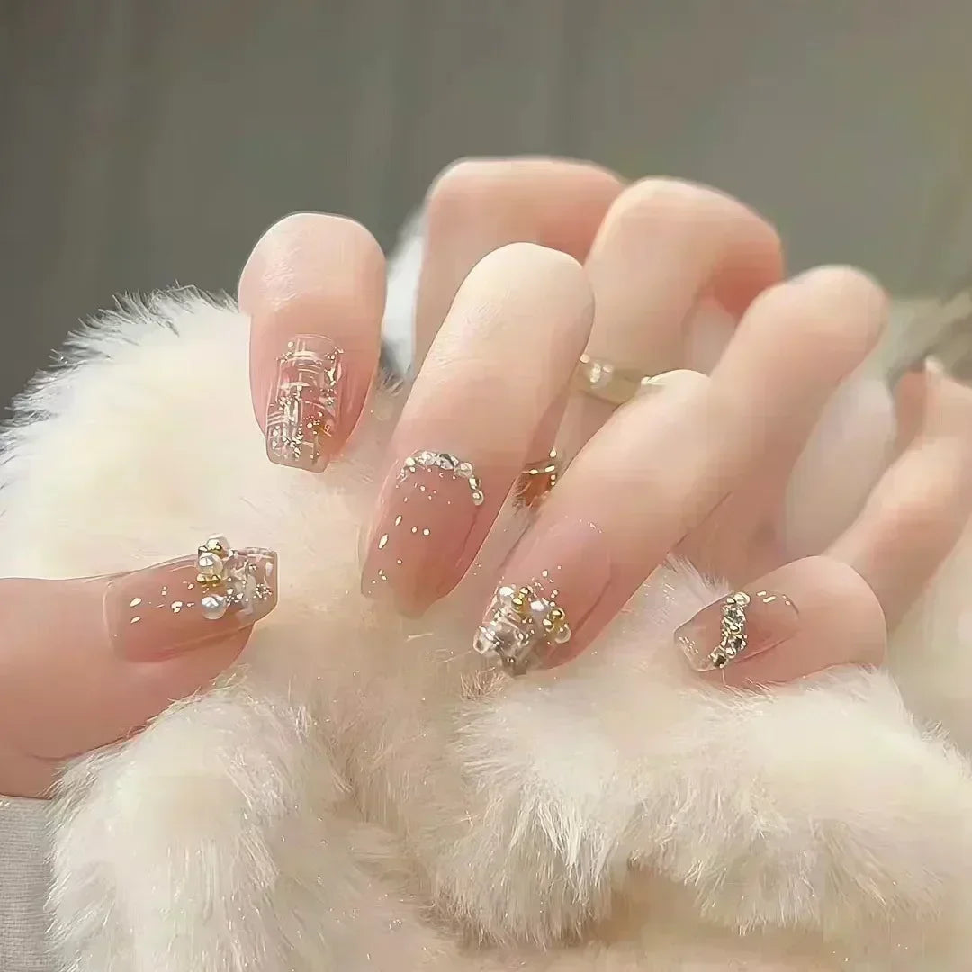 24Pcs Glitter Diamond Press On Nails Blush Pink Cat Eye Fake Nails Sweet Cute Coffin Full Cover Short Square False Nail Tips Art