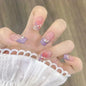 24Pcs Glitter Diamond Press On Nails Blush Pink Cat Eye Fake Nails Sweet Cute Coffin Full Cover Short Square False Nail Tips Art