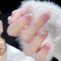 24Pcs Glitter Diamond Press On Nails Blush Pink Cat Eye Fake Nails Sweet Cute Coffin Full Cover Short Square False Nail Tips Art