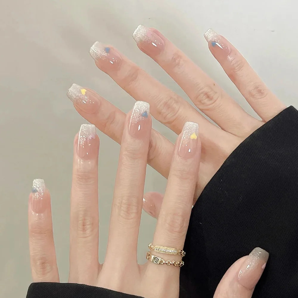 24Pcs Glitter Diamond Press On Nails Blush Pink Cat Eye Fake Nails Sweet Cute Coffin Full Cover Short Square False Nail Tips Art
