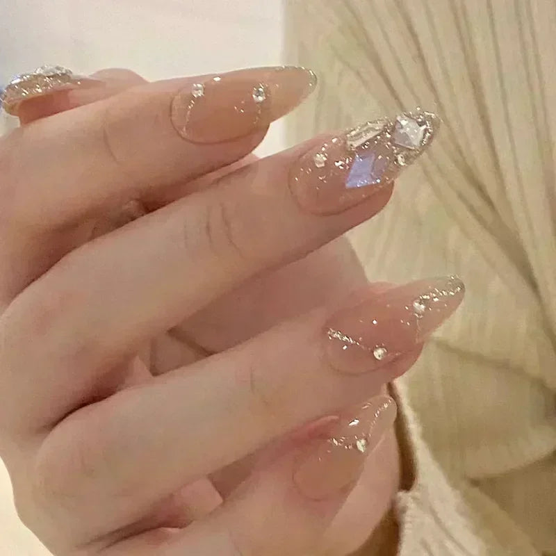 24Pcs Glitter Diamond Press On Nails Blush Pink Cat Eye Fake Nails Sweet Cute Coffin Full Cover Short Square False Nail Tips Art