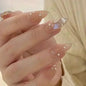 24Pcs Glitter Diamond Press On Nails Blush Pink Cat Eye Fake Nails Sweet Cute Coffin Full Cover Short Square False Nail Tips Art