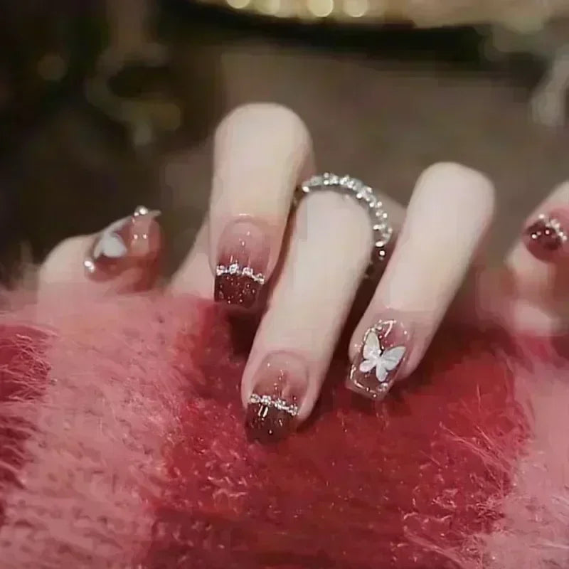 24Pcs Glitter Diamond Press On Nails Blush Pink Cat Eye Fake Nails Sweet Cute Coffin Full Cover Short Square False Nail Tips Art