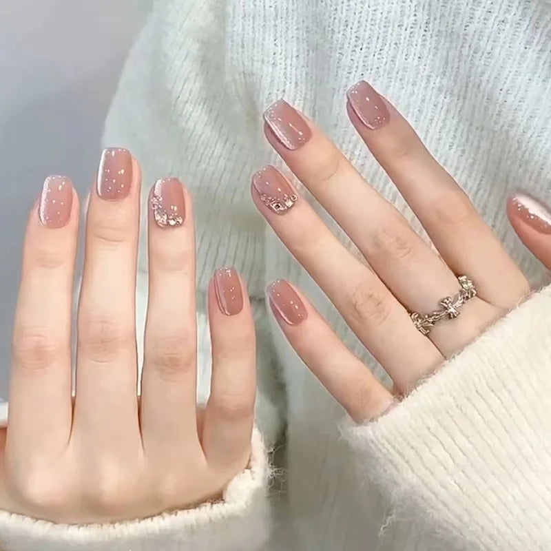 24Pcs Glitter Diamond Press On Nails Blush Pink Cat Eye Fake Nails Sweet Cute Coffin Full Cover Short Square False Nail Tips Art