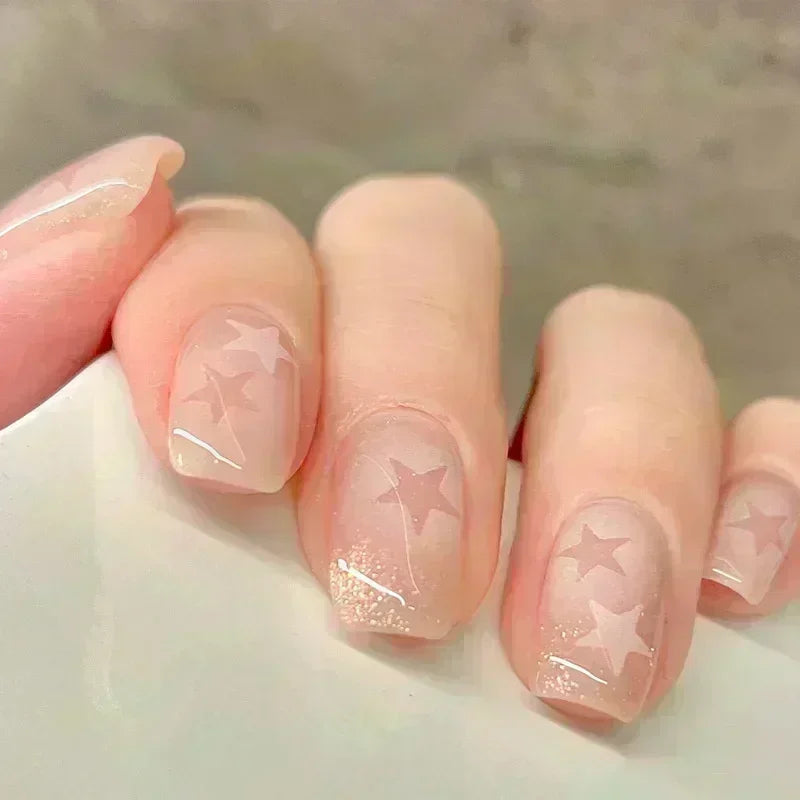 24Pcs Glitter Diamond Press On Nails Blush Pink Cat Eye Fake Nails Sweet Cute Coffin Full Cover Short Square False Nail Tips Art
