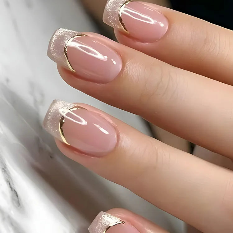 24Pcs Glitter Diamond Press On Nails Blush Pink Cat Eye Fake Nails Sweet Cute Coffin Full Cover Short Square False Nail Tips Art