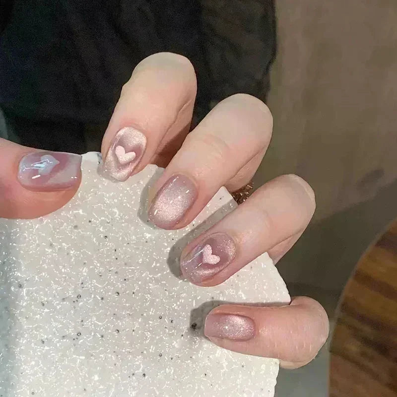 24Pcs Glitter Diamond Press On Nails Blush Pink Cat Eye Fake Nails Sweet Cute Coffin Full Cover Short Square False Nail Tips Art