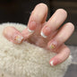 24Pcs Glitter Diamond Press On Nails Blush Pink Cat Eye Fake Nails Sweet Cute Coffin Full Cover Short Square False Nail Tips Art