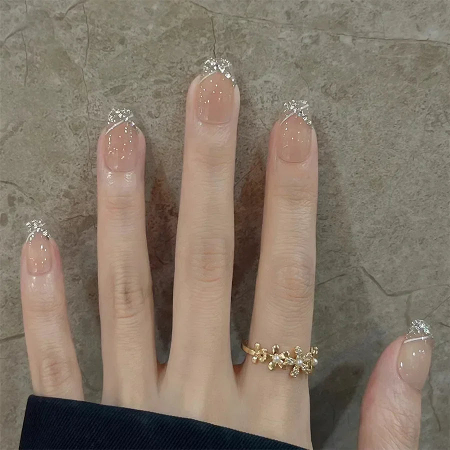 24Pcs Glitter Diamond Press On Nails Blush Pink Cat Eye Fake Nails Sweet Cute Coffin Full Cover Short Square False Nail Tips Art